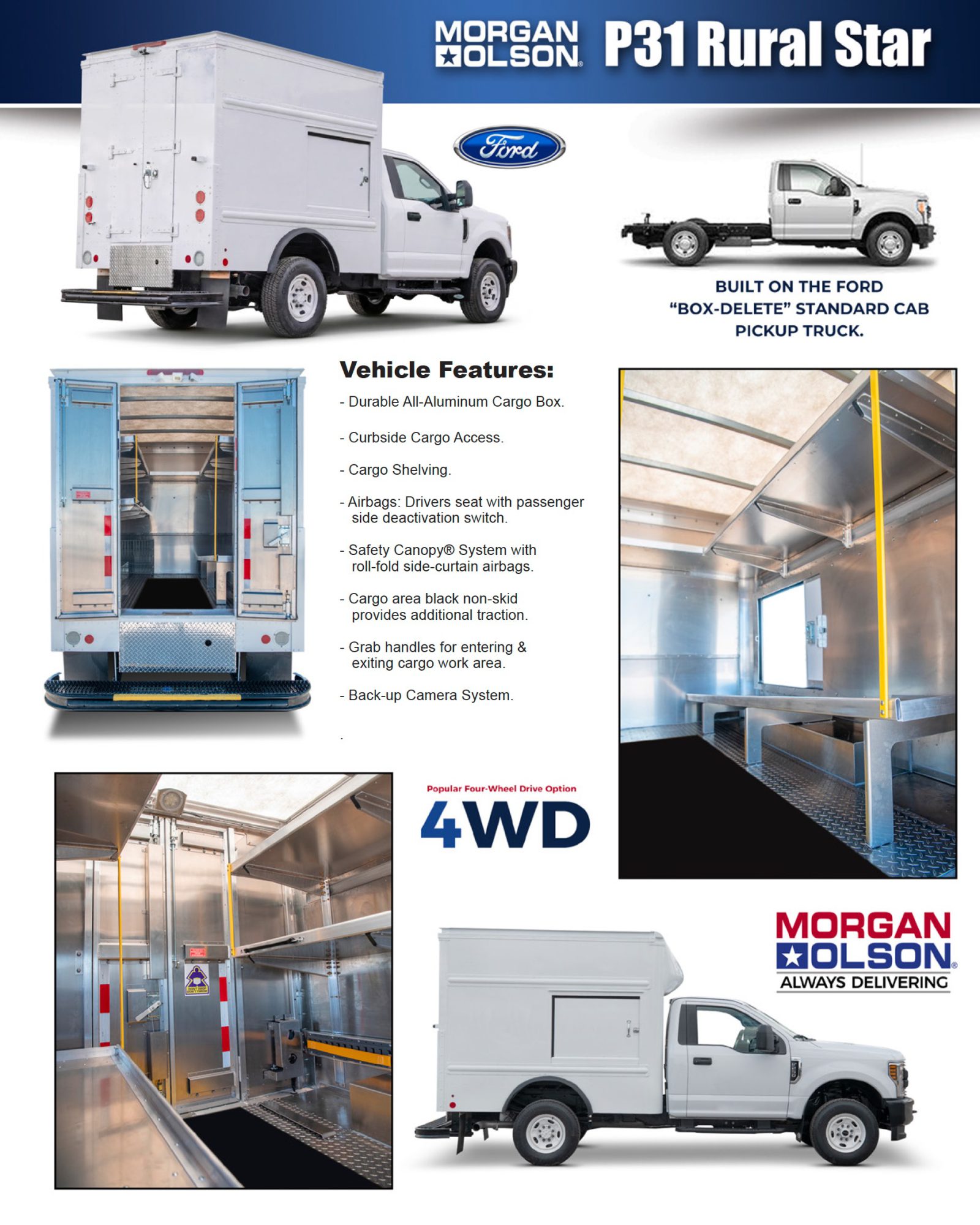 Collage of white cargo trucks and an ad banner for Morgan Olson P31 Rural Star, showing exterior trucks and cargo areas.