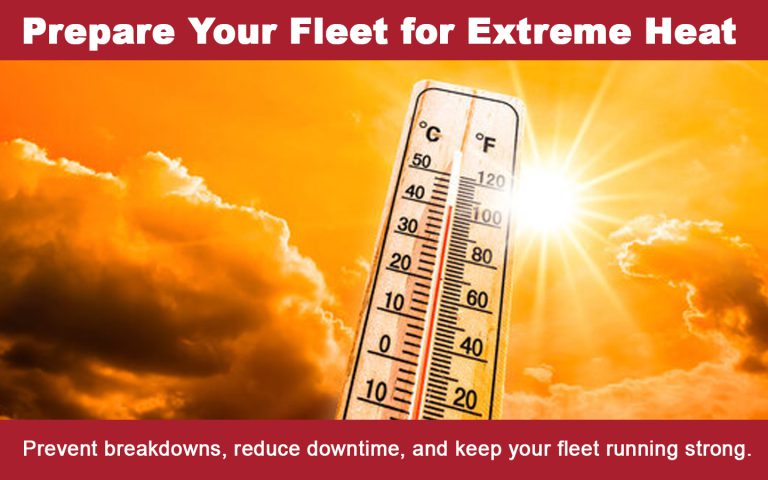 Banner urging fleet to prepare for extreme heat; thermometer in a bright sunlit orange sky.