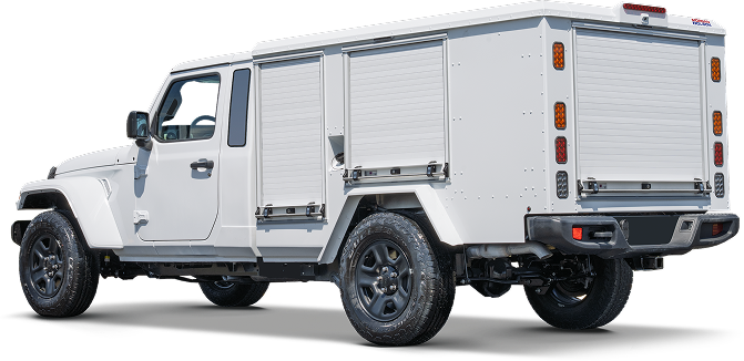 White utility truck with multiple lockable compartments and off-road tires